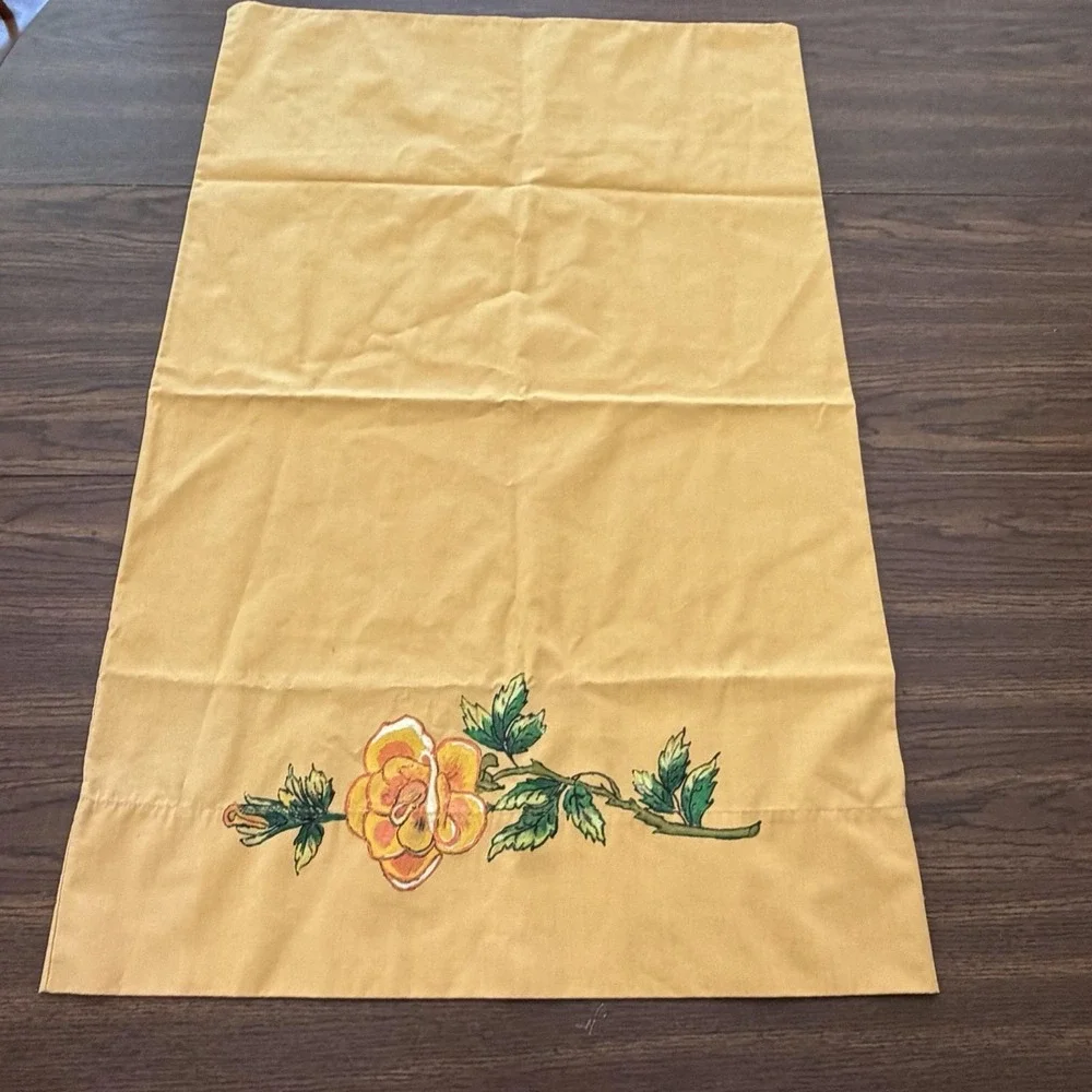 Vintage Hand painted Golden Yellow Floral Pillowcase Percale Standard Size